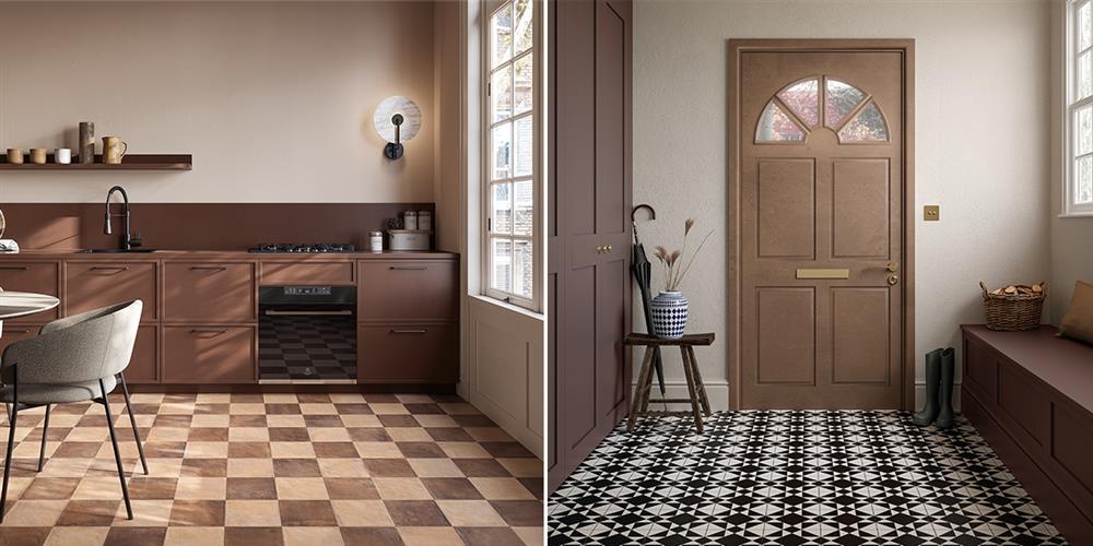 (Left) Terracotta natural and terracotta light chequered floor tiles, (Right): Marlow black patterned floor tiles